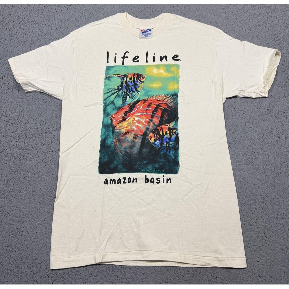 VTG Hanes Lifeline Amazon Basin Shirt Mens‎ Medium White Fish Graphic Tee USA